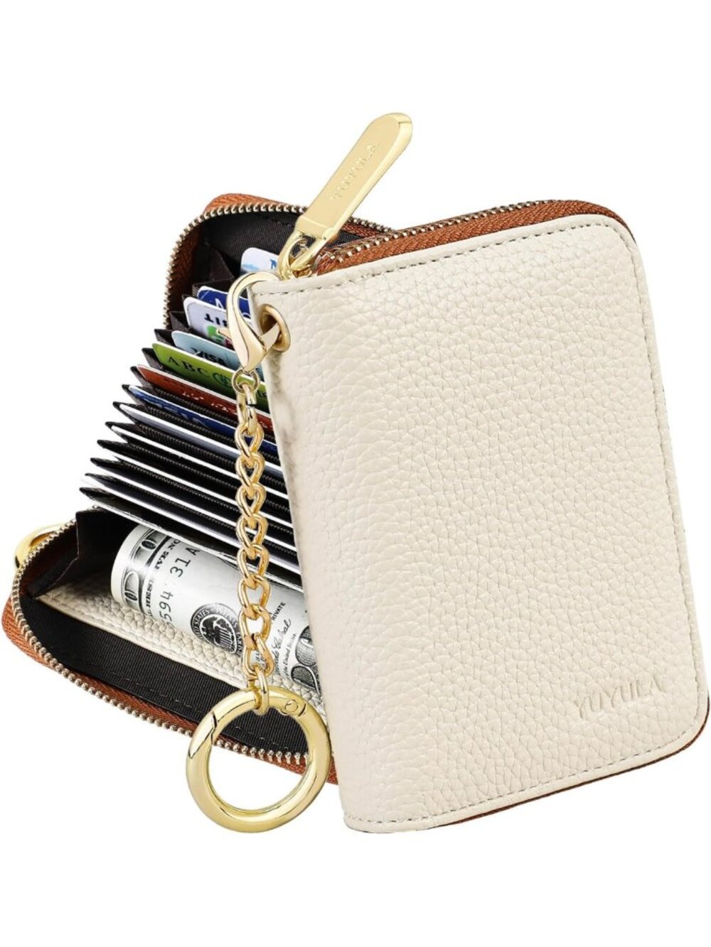 Stylish RFID Blocking Women's Wallet, Zipper Card Holder & Keychain - White